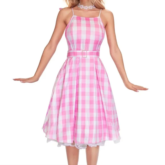 Pink & White Gingham Tie Shoulder Fit To Flare Dress + Costume Accessories (L) - Picture 3 of 16
